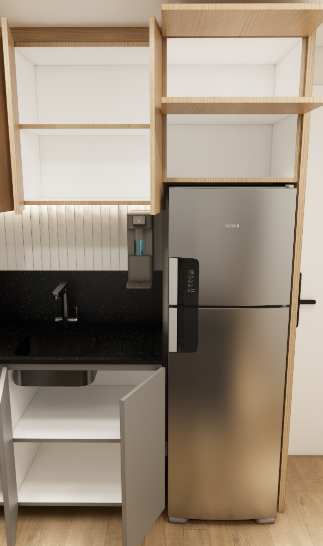 Render 3D de cozinha compacta no Mercure JK com marcenaria amadeirada, bancada preta, eletrodomésticos inox e iluminação LED