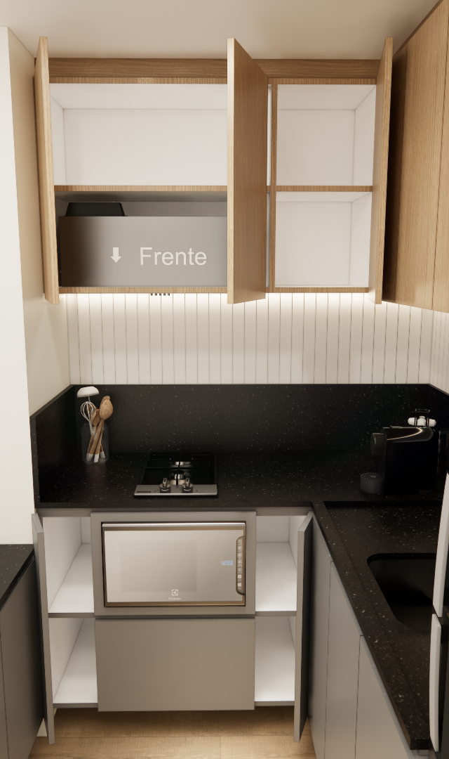 Render 3D de cozinha compacta no Mercure JK com marcenaria em tons de madeira e cinza, bancada preta e iluminação em fita