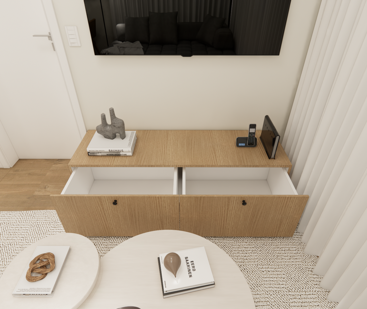 Render 3D de sala no Mercure JK com rack de madeira, portas abertas, mesas redondas, livros decorativos e tons neutros