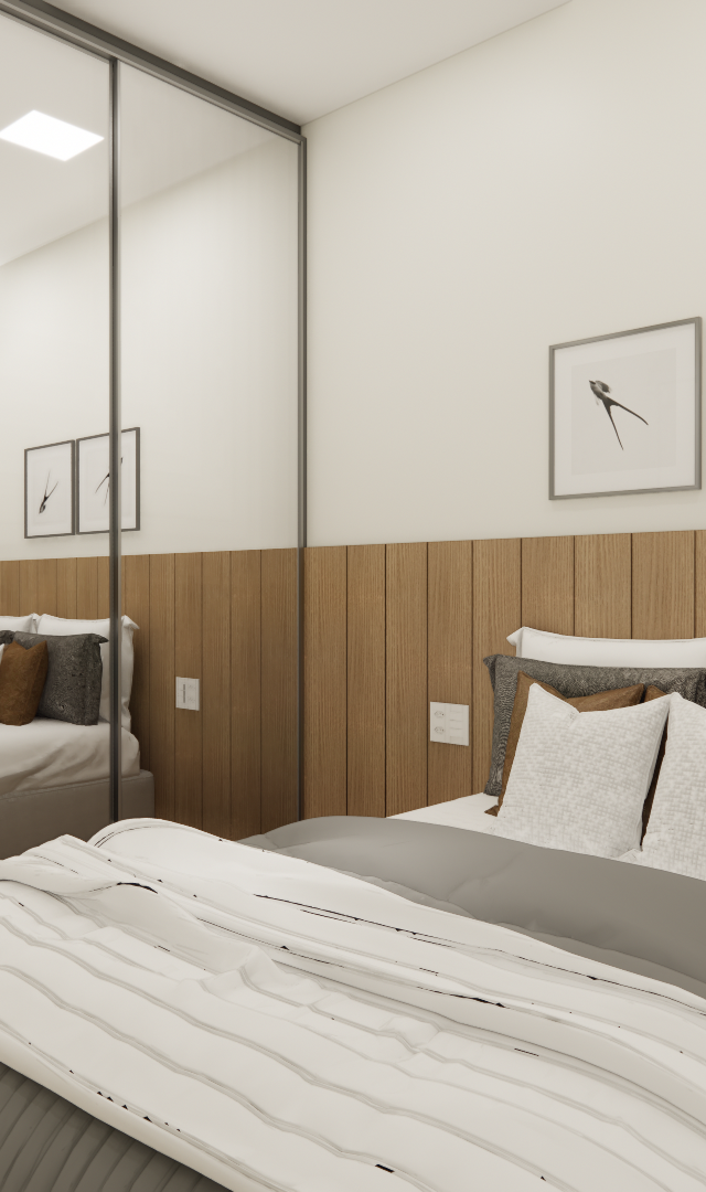 Render 3D de quarto no Mercure JK com painel de madeira, armário espelhado, cama com enxoval cinza e tons neutros