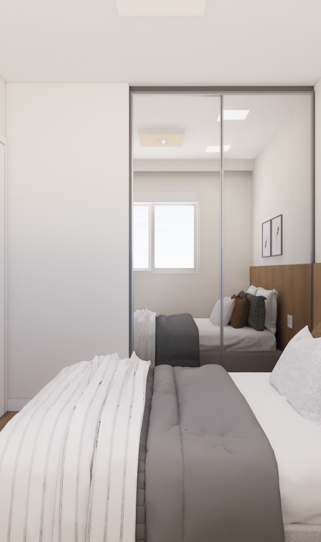 Render 3D de quarto no Mercure JK com painel de madeira, armário espelhado, cama com enxoval cinza e tons neutros