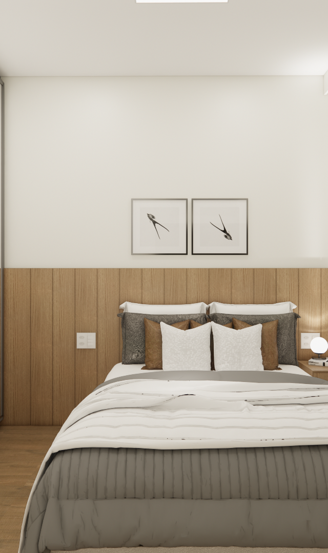 Render 3D de quarto no Mercure JK com painel de madeira, cama cinza, guarda-roupa espelhado e cortina branca clara