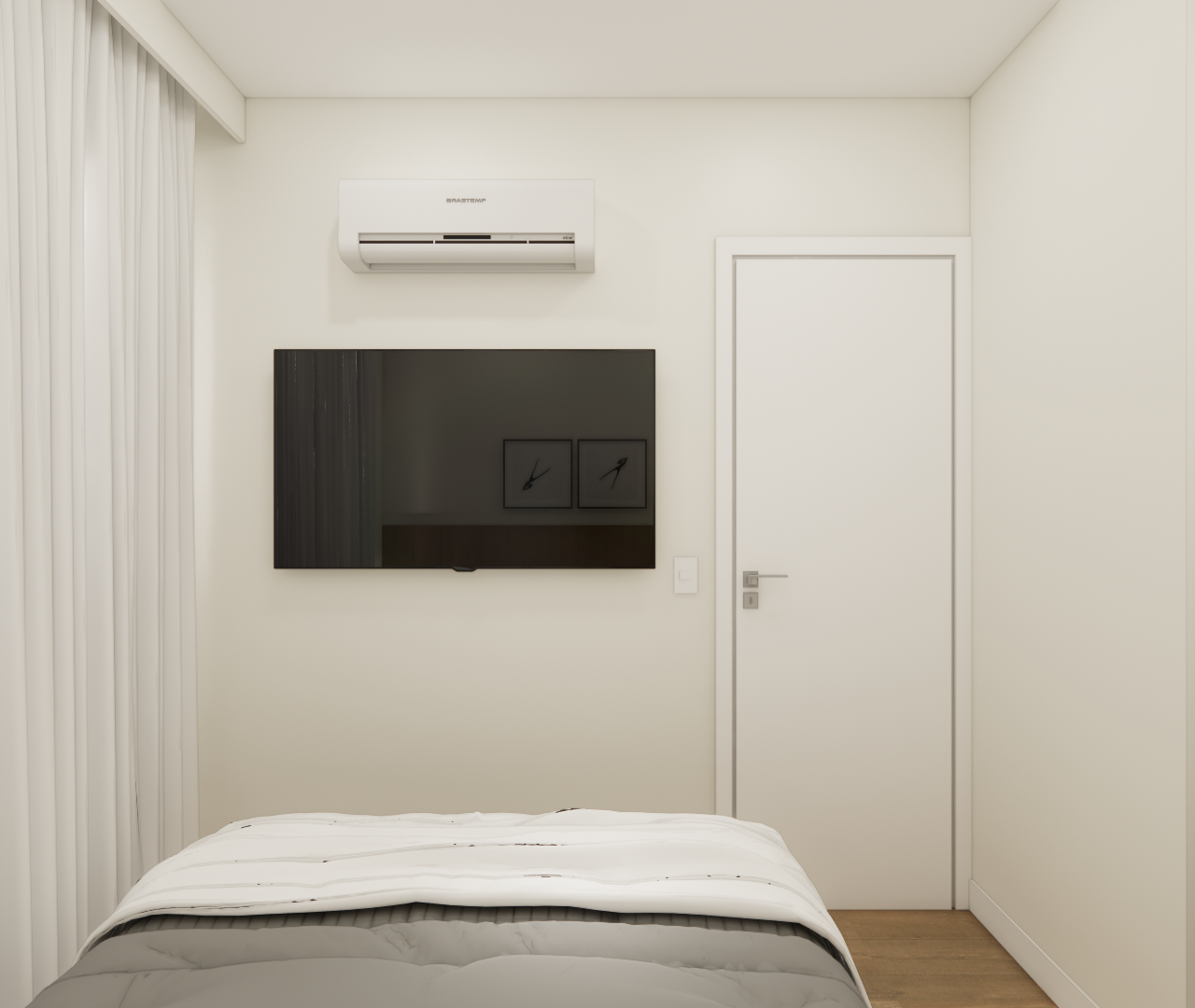 Render 3D de quarto no Mercure JK com paredes claras, cortina branca, TV na parede, ar-condicionado e piso de madeira