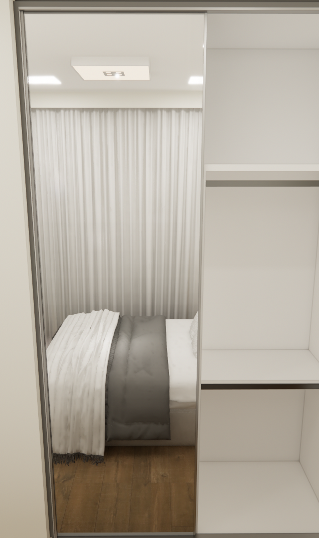 Render 3D de closet com portas espelhadas, nichos brancos e painel ripado de madeira em quarto com iluminação clara