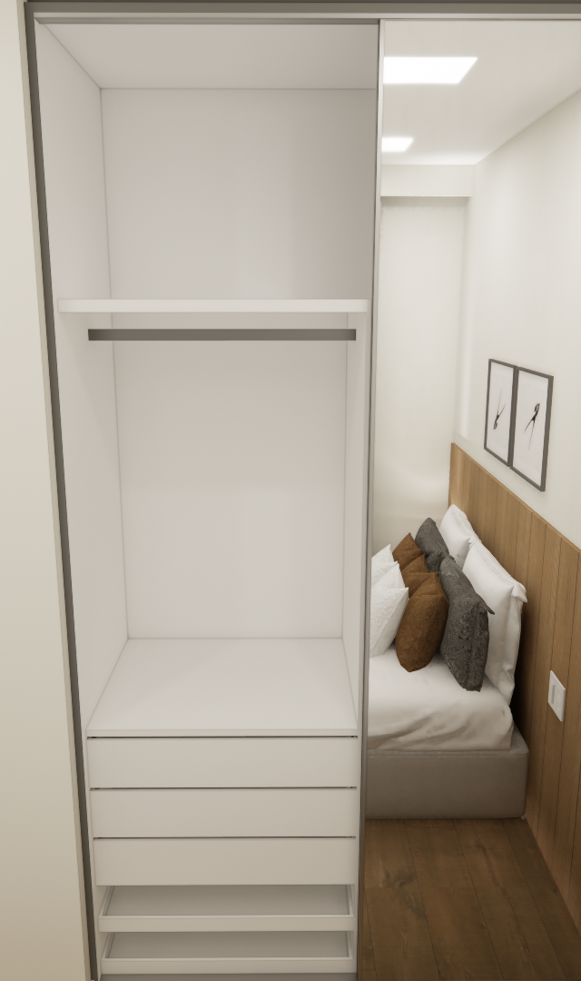 Render 3D de quarto no Mercure JK com armário branco, painel amadeirado, espelho e iluminação indireta clara