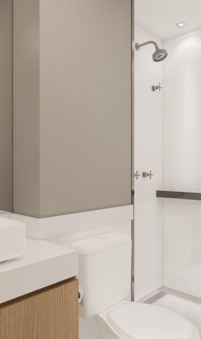 Render 3D de banheiro no Mercure JK com marcenaria em tom madeira, bancada clara, cuba de apoio e box com revestimento branco