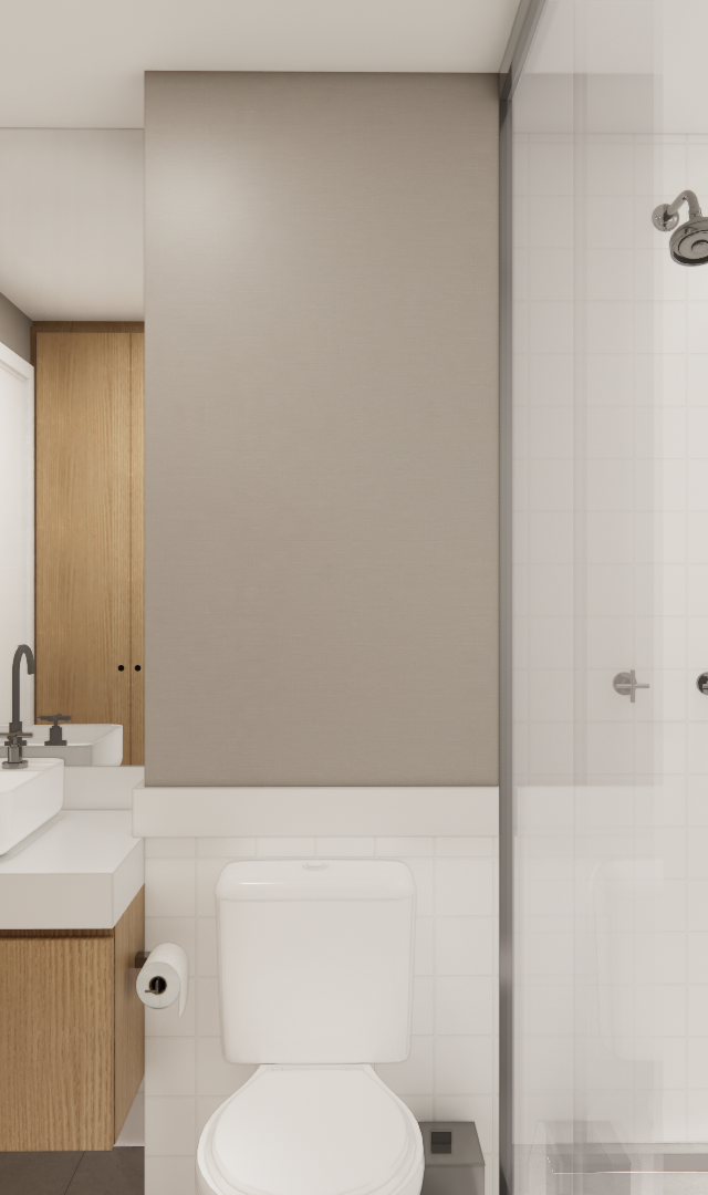 Render 3D de banheiro no Mercure JK com marcenaria em madeira, metais escuros, paredes cinzas e box com azulejo branco