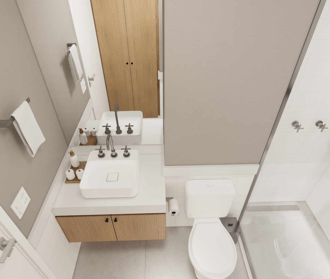 Render 3D de banheiro no Mercure JK com marcenaria em madeira, bancada branca, metais pretos e tons neutros de cinza
