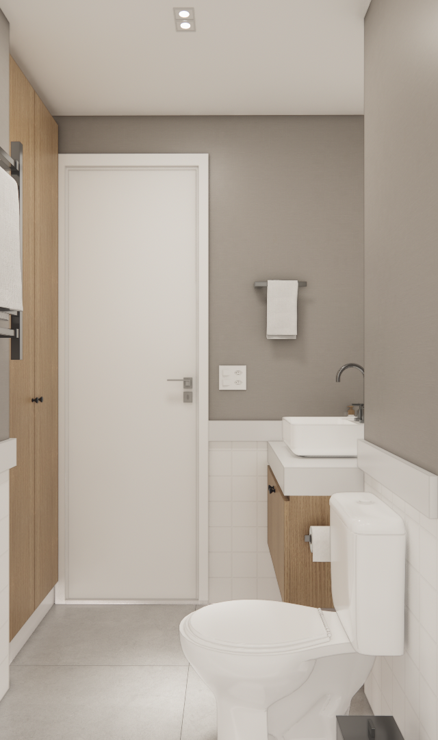 Render 3D de banheiro no Mercure JK com paredes em azulejo branco, marcenaria em madeira e detalhes em cinza e metal preto