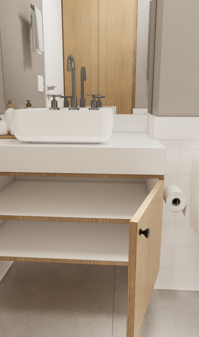 Render 3D de banheiro no Mercure JK com gabinete em madeira, cuba branca sobreposta, paredes claras e luz neutra