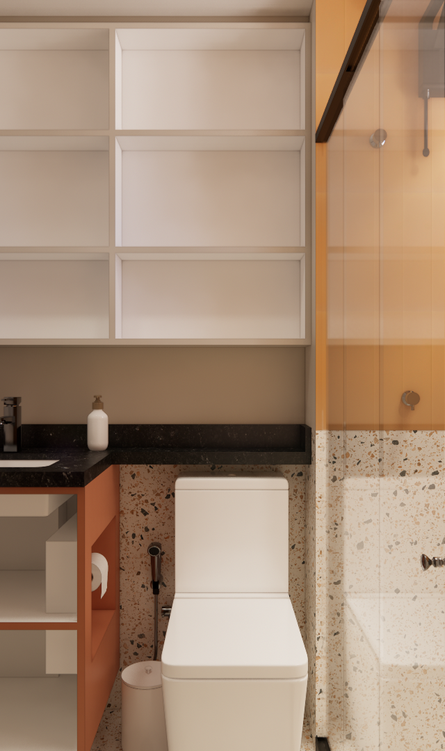 Render 3D de banheiro compacto com revestimento em granilite, parede laranja, bancada preta e armários brancos planejados