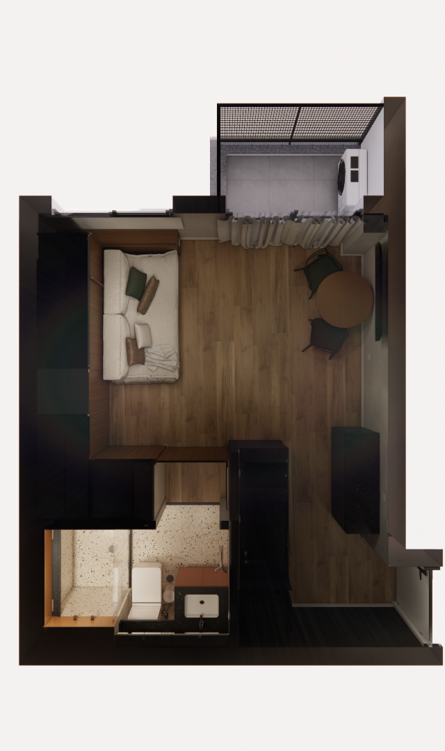 Planta baixa 3D de apartamento de 26 m² com sala, cozinha e banheiro, destacando piso de madeira e marcenaria escura