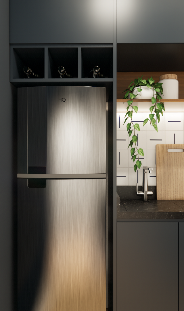 Render 3D de cozinha compacta, marcenaria cinza, bancada preta, azulejos brancos com detalhes e prateleira de madeira iluminada