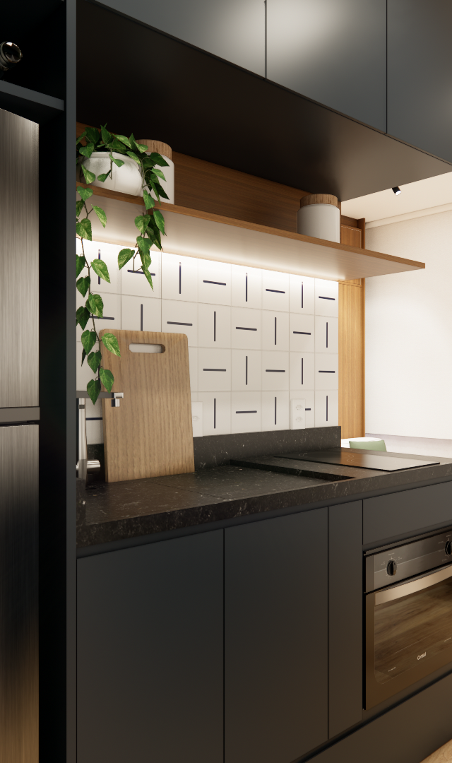 Render 3D de cozinha compacta, marcenaria preta, bancada em pedra escura, revestimento geométrico e iluminação embutida