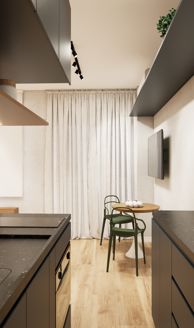 Render 3D de cozinha linear compacta com marcenaria preta, bancada em pedra, mesa redonda e piso amadeirado em apartamento