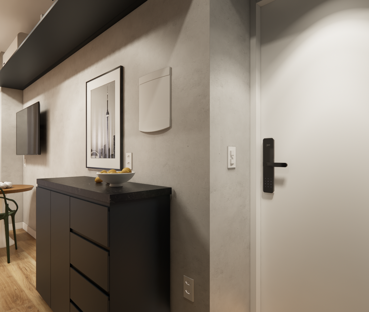 Render 3D de apartamento: hall de entrada com aparador preto, parede em cimento queimado e porta branca com fechadura digital