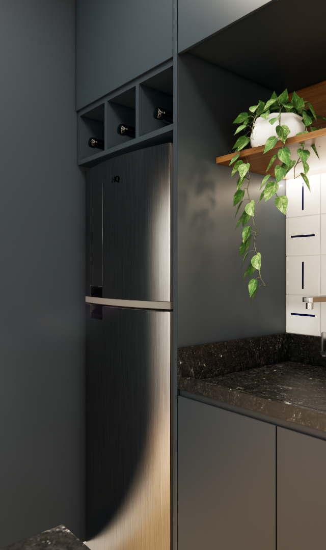 Render 3D de cozinha compacta, marcenaria cinza, bancada de pedra preta, prateleira de madeira e azulejos com detalhes azuis