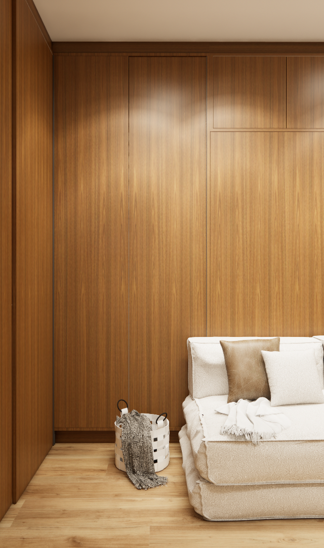 Render 3D de estúdio com marcenaria em madeira, sofá bege, cozinha com azulejos geométricos e iluminação quente