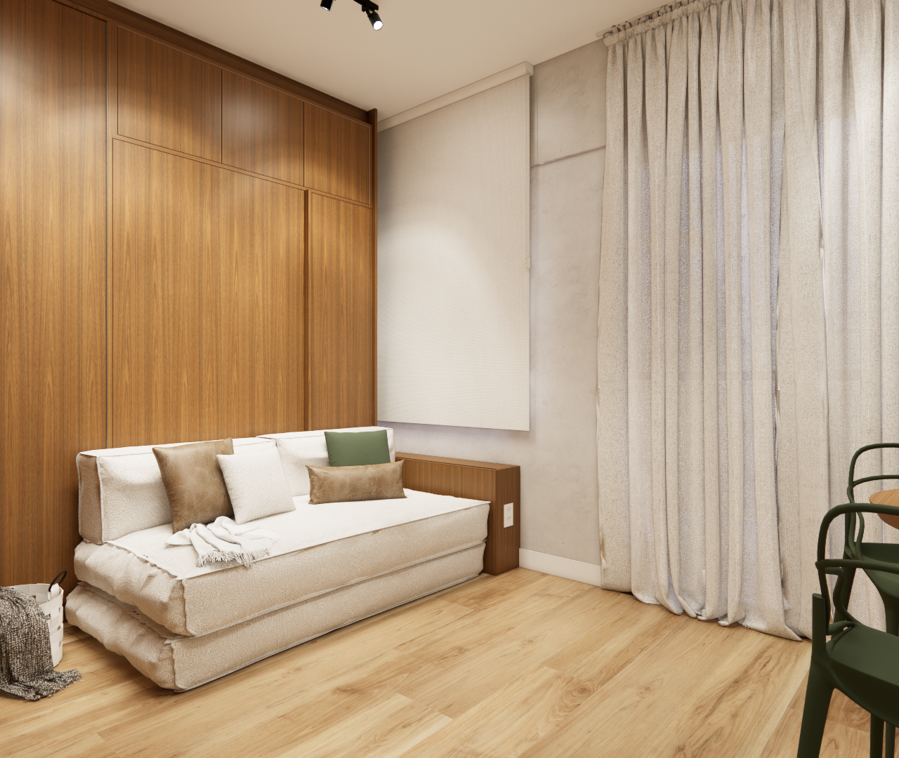 Render 3D de sala em estúdio de 26 m² com sofá claro, painel amadeirado, cortina de linho, piso de madeira e mesa com cadeiras