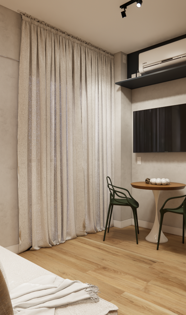 Render 3D de estúdio com piso de madeira, paredes de cimento queimado, mesa redonda com cadeiras verdes e cortina clara