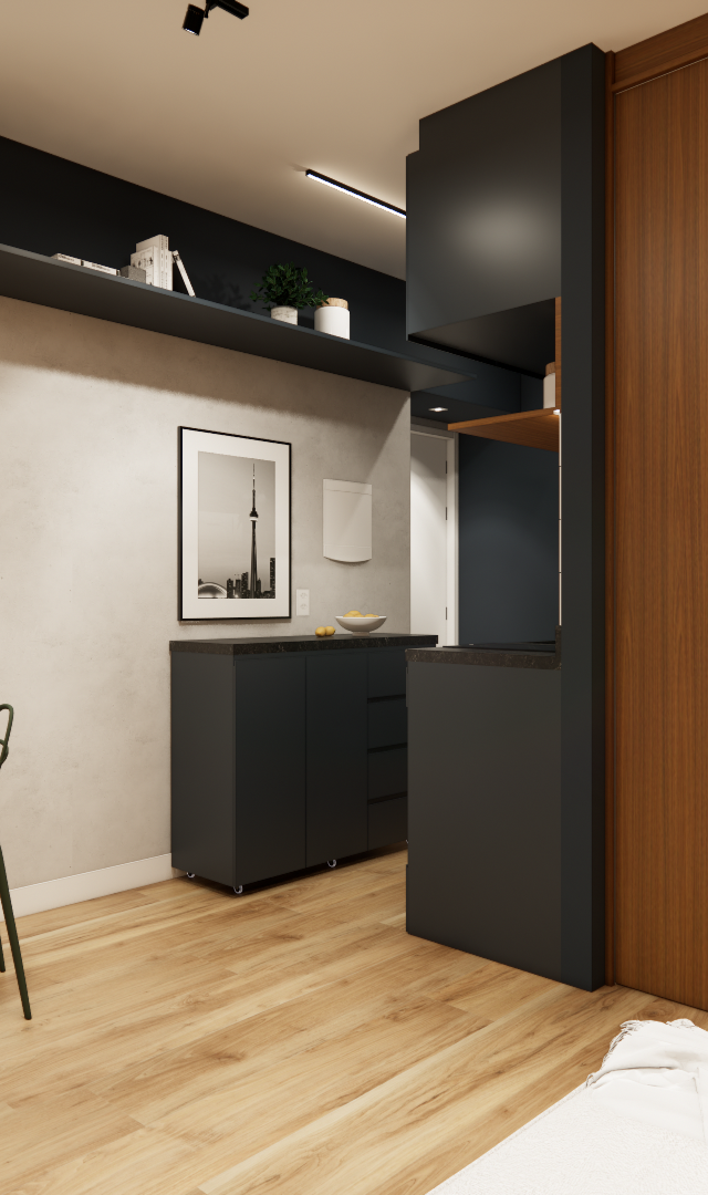 Render 3D de sala e cozinha integrada com piso de madeira, móveis pretos, mesa redonda e cadeiras verdes na Vila Madalena