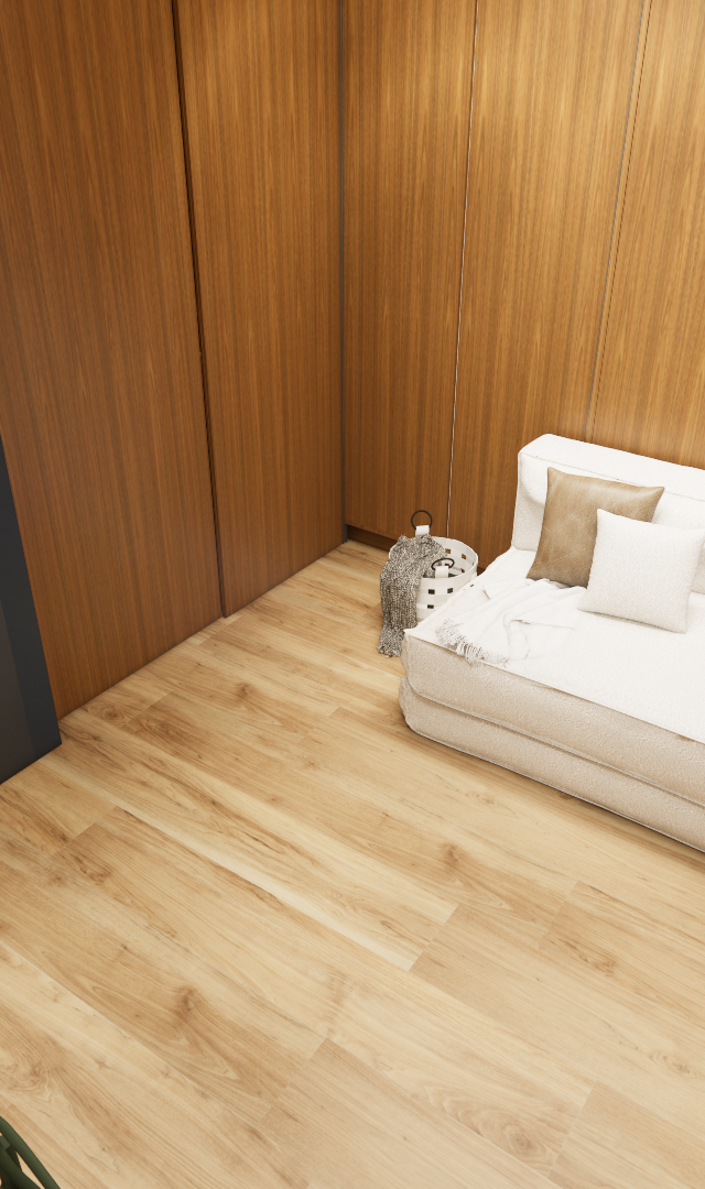 Render 3D de sala e cozinha integradas, marcenaria em madeira clara, sofá off-white com almofadas verdes e neutras
