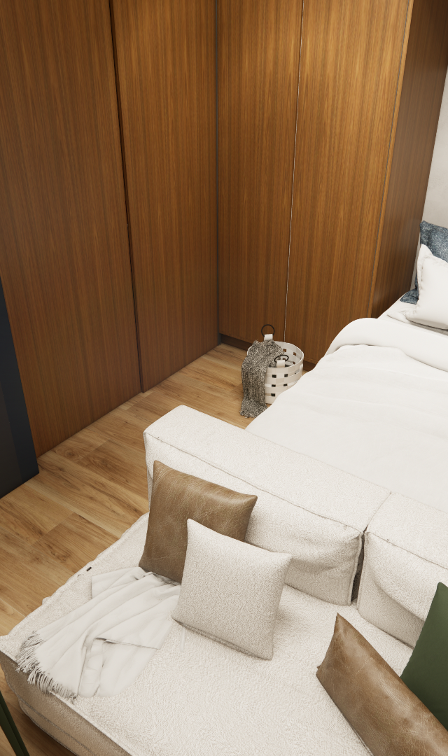 Render 3D de estúdio com 26 m²: cozinha compacta, armários em madeira, sofá bege, cama e piso amadeirado em tons neutros