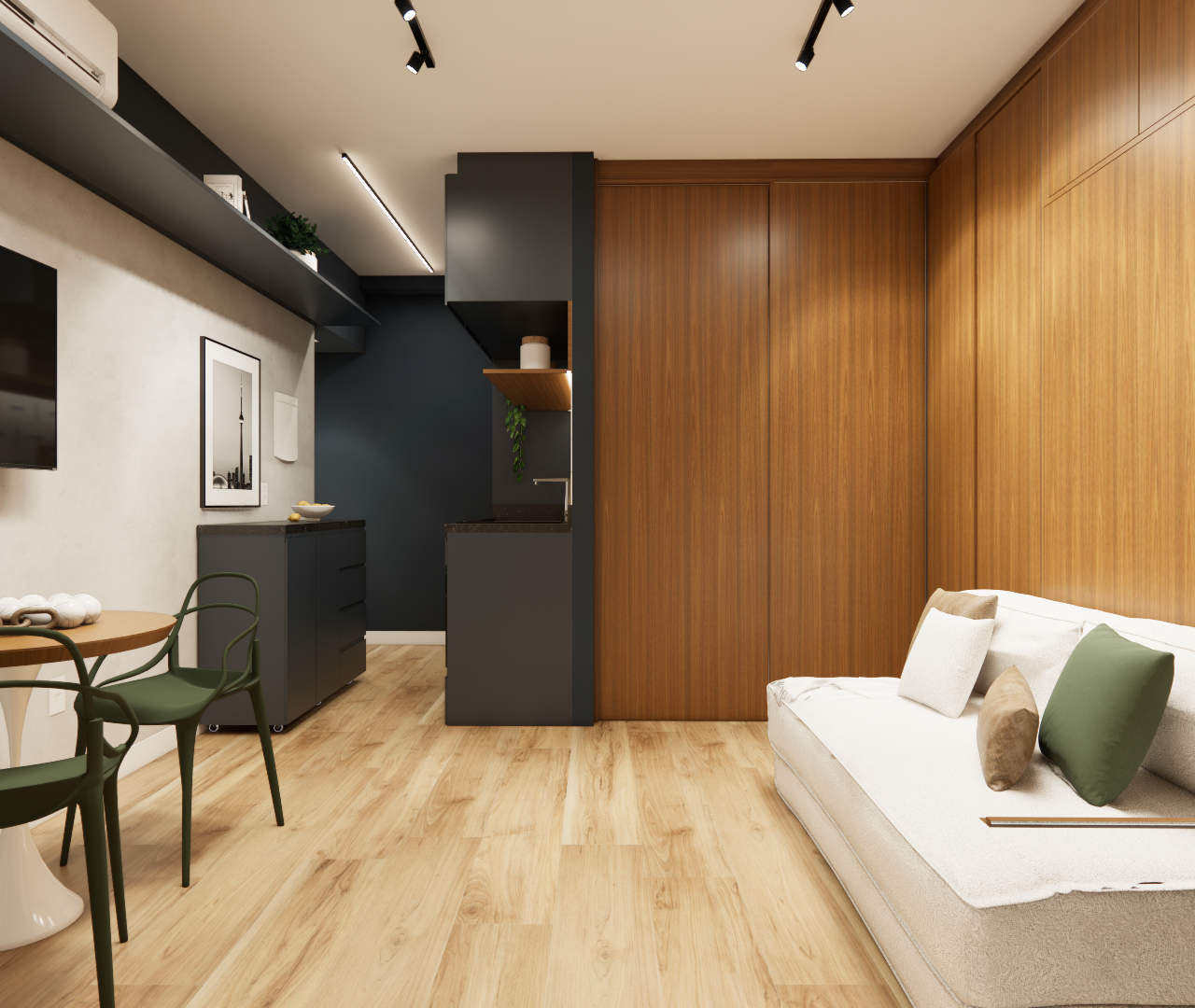 Render 3D de sala e cozinha integrada, marcenaria em madeira e grafite, sofá claro, mesa redonda e cadeiras verdes