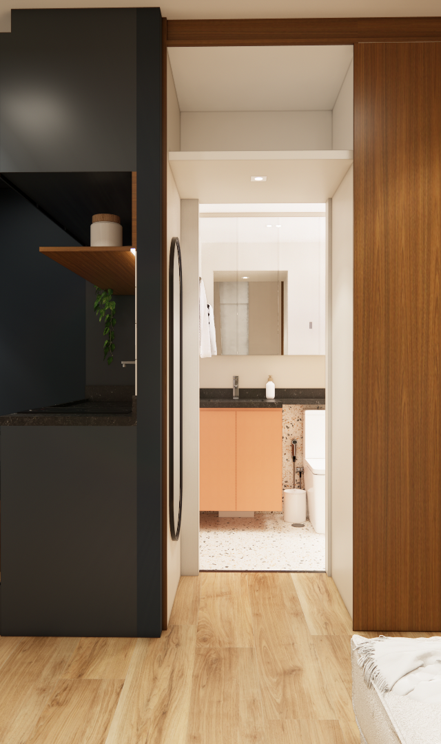 Render 3D de sala e cozinha integradas, marcenaria preta e madeira, piso amadeirado, parede cinza e vista para banheiro