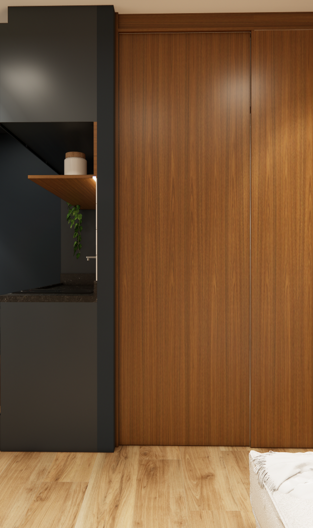 Render 3D de sala e cozinha integrada, marcenaria em madeira e grafite, sofá claro, piso amadeirado e iluminação linear