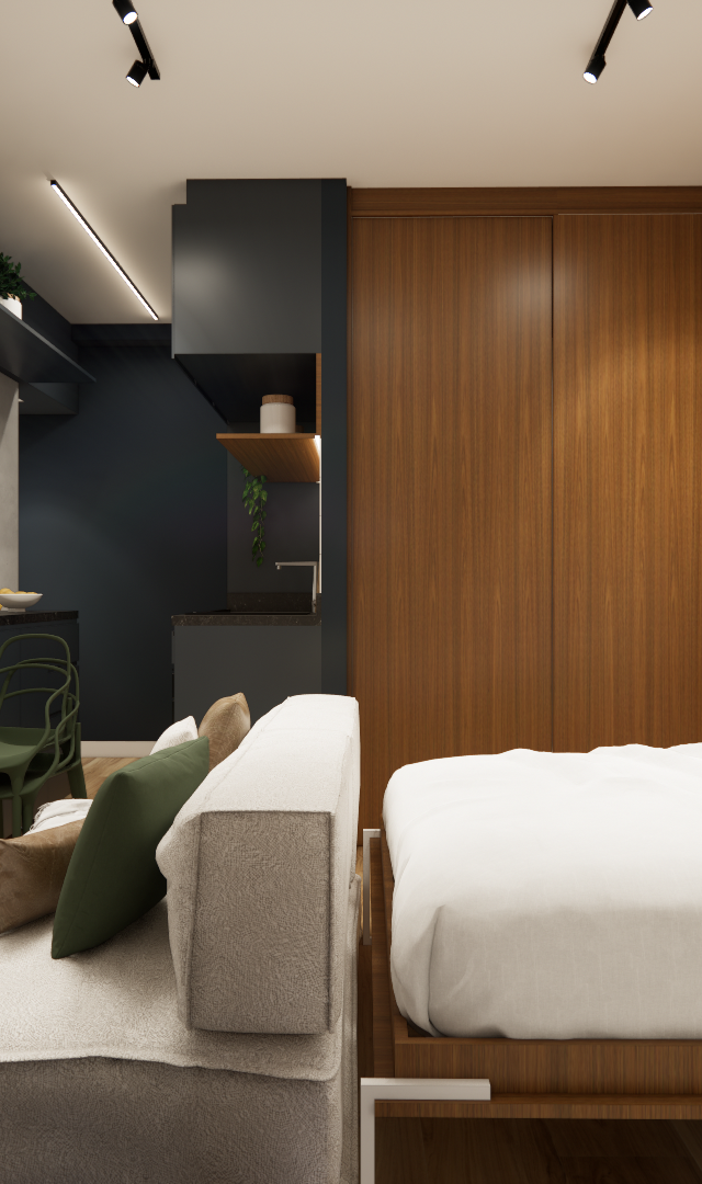 Render 3D de estúdio com cama, sofá, mesa lateral, cozinha em marcenaria amadeirada e cinza, iluminação embutida e neutra