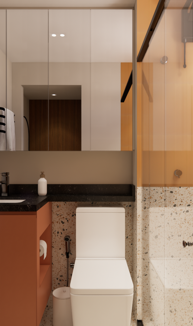Render 3D de banheiro compacto com parede laranja, revestimento de granilite, gabinete terracota e bancada em pedra preta
