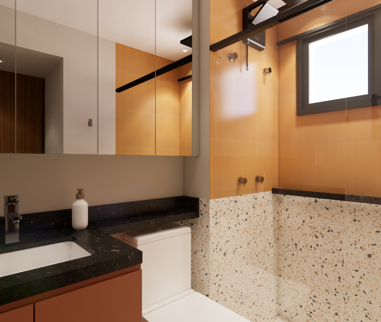 Render 3D de banheiro compacto com azulejos alaranjados, bancada em granito preto, detalhes em granilite e iluminação quente