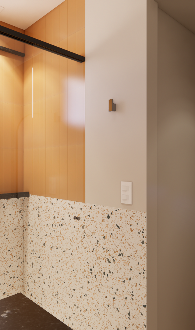Render 3D de banheiro compacto com paredes em granilite, detalhes em azulejo laranja, box de vidro e porta de madeira