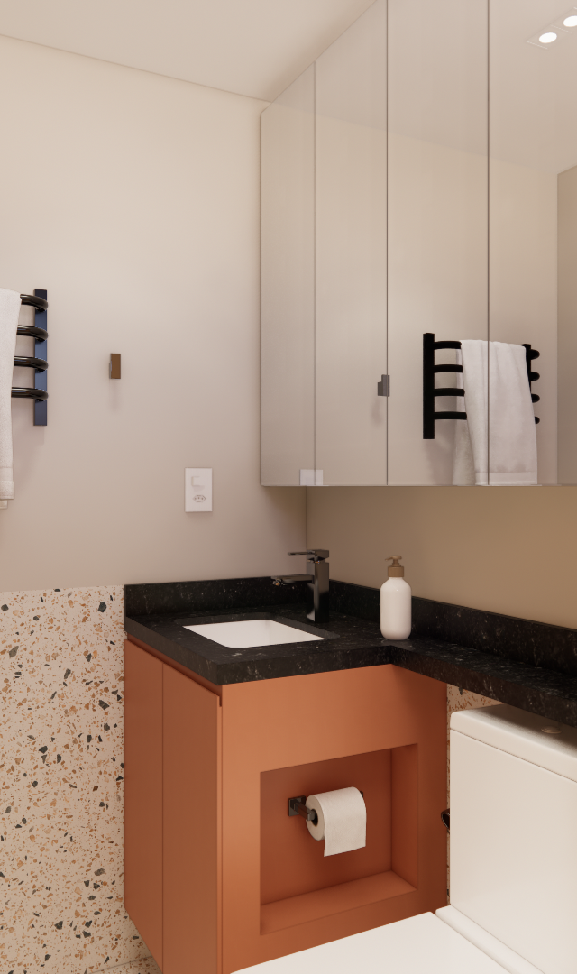 Render 3D de banheiro compacto com bancada preta, gabinete terracota, parede com revestimento em granilite e tons de ocre