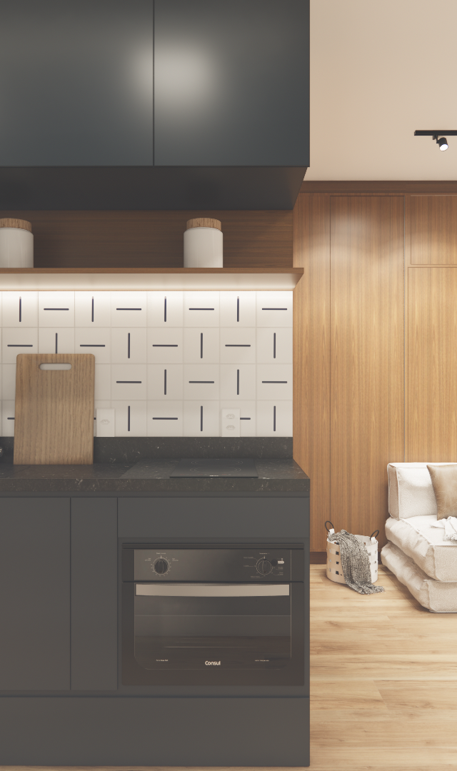 Render 3D de estúdio de 26m² com cozinha preta, marcenaria em madeira, piso claro, sofá-cama e iluminação focal no teto