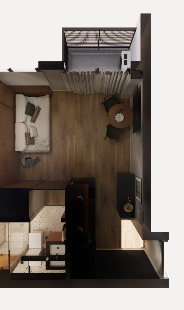 Planta baixa 3D de studio 26m² com marcenaria em madeira e preto, piso amadeirado, sofá claro e banheiro com granilite