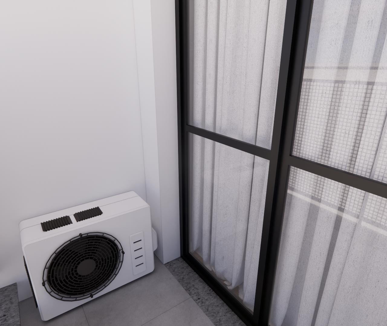Render 3D de sacada com condensadora de ar-condicionado, piso cinza, parede branca e porta de correr com moldura preta