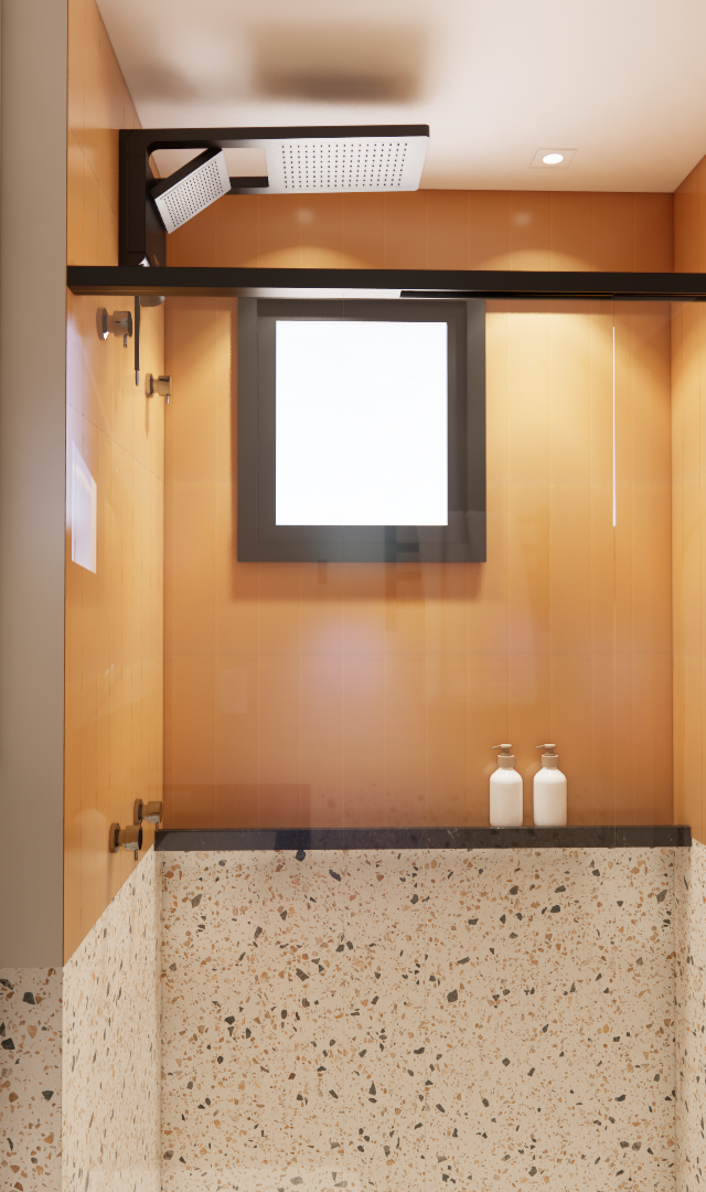 Render 3D de banheiro compacto com azulejos alaranjados, rodapé em granilite, metais pretos e iluminação quente indireta