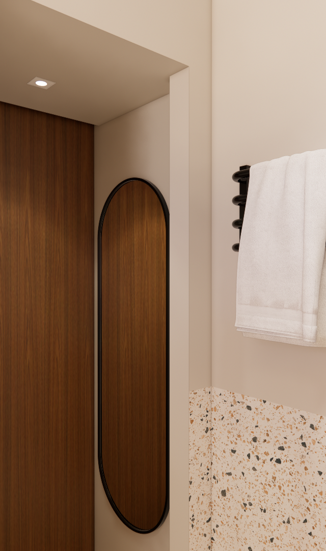 Render 3D de banheiro compacto com paredes em granilite e bege, porta de madeira, espelho oval e toalheiro preto aquecido