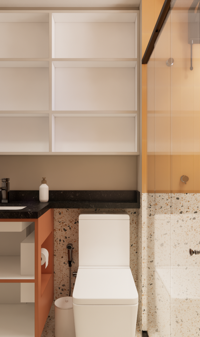 Render 3D de banheiro compacto no Nurban Vila Madalena com paredes em granilite, detalhes laranja, pia e nichos brancos