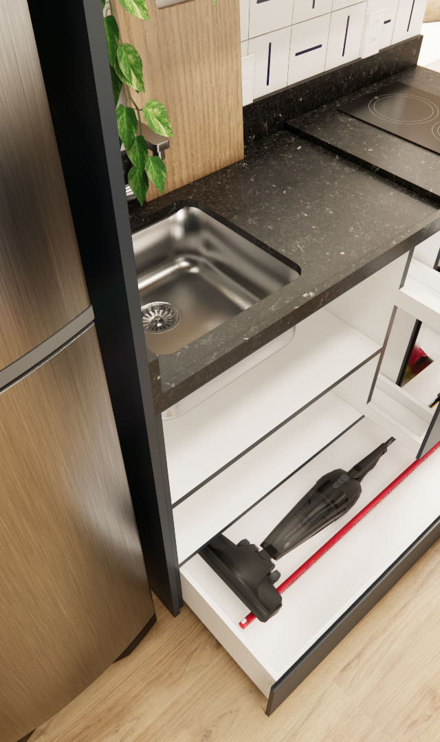 Render 3D de cozinha compacta com marcenaria planejada, gavetão organizador, bancada em pedra escura e geladeira inox