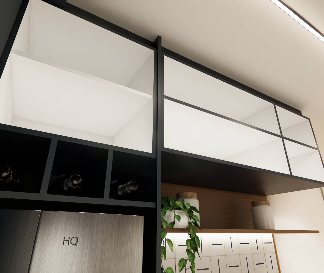 Render 3D de marcenaria de cozinha no Nurban Vila Madalena com nichos pretos, prateleiras brancas, adega e iluminação LED
