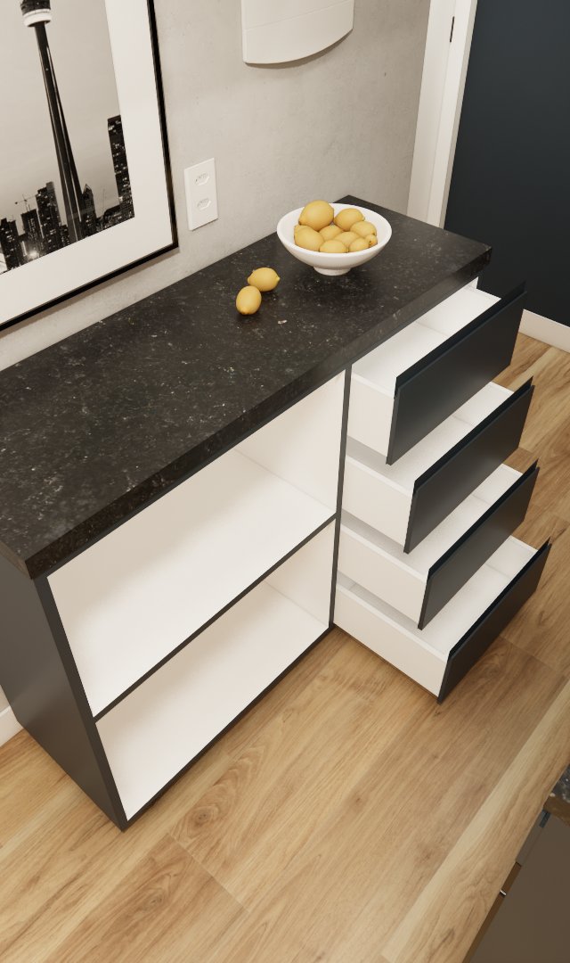 Render 3D de marcenaria em apartamento com balcão de pedra preta, nichos brancos, gavetas escuras e piso amadeirado