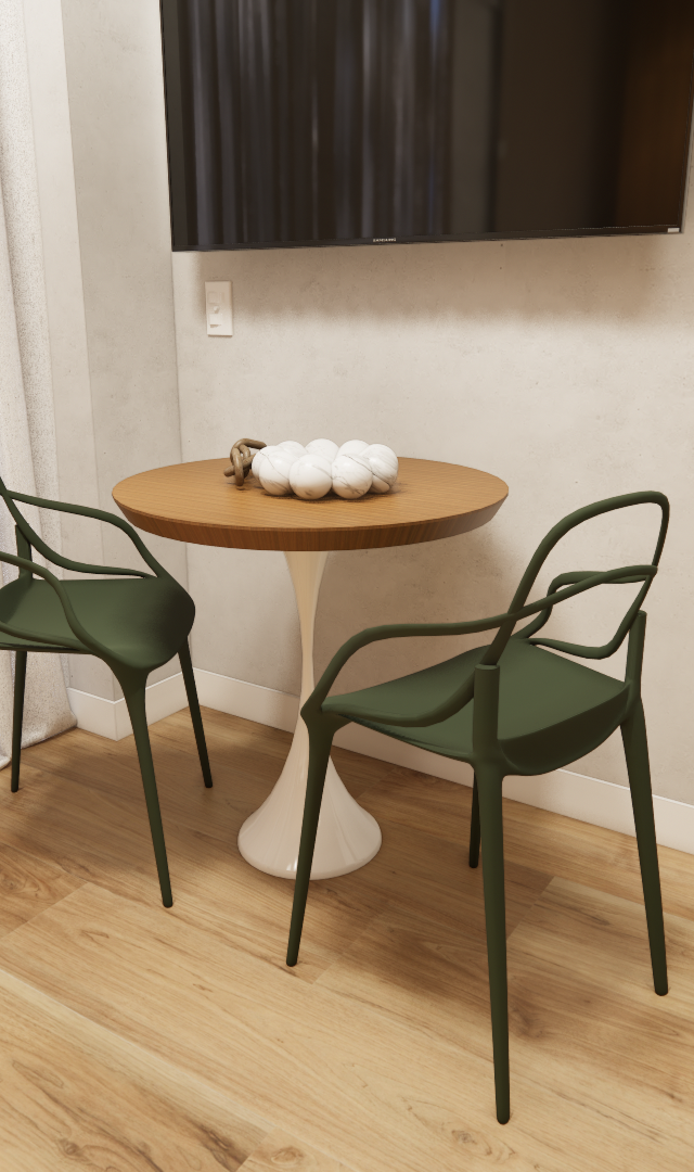 Render 3D de sala com mesa redonda, duas cadeiras verdes, piso de madeira, cortina clara e TV na parede de cimento queimado