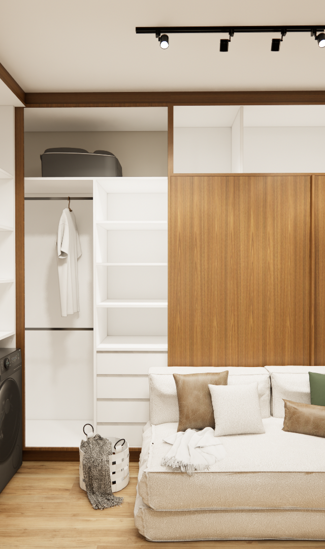 Render 3D de estúdio de 26m² com sofá-cama, marcenaria em madeira e branco, iluminação por trilhos e área de lavanderia