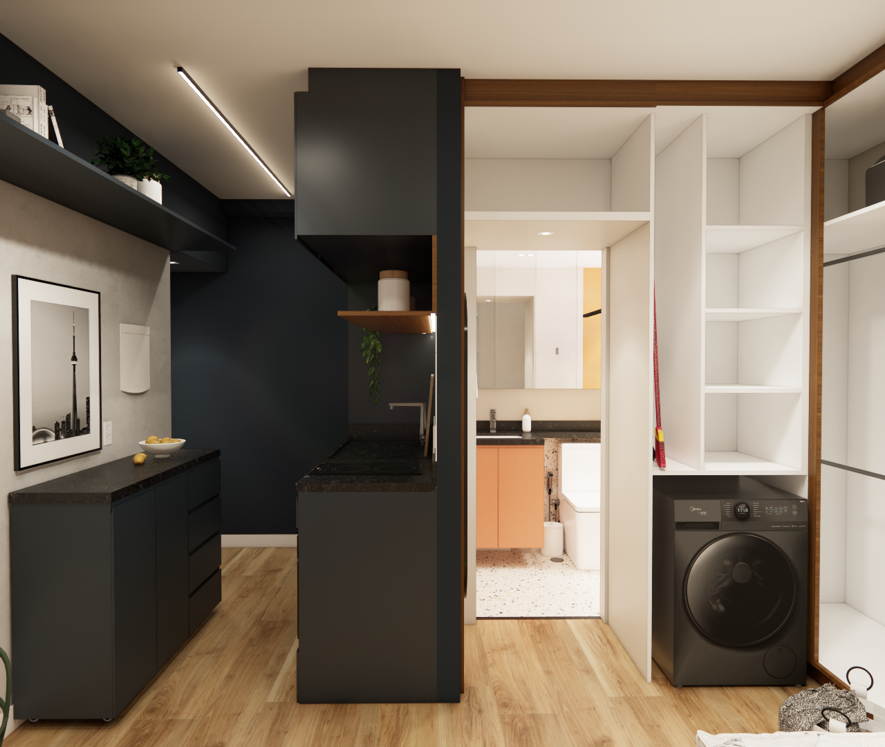 Render 3D de estúdio com marcenaria preta, piso de madeira, lavanderia e banheiro com bancada laranja e iluminação linear
