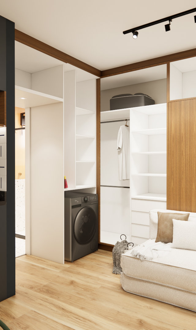 Render 3D de estúdio com cozinha preta, marcenaria em madeira clara, sofá bege, nichos e máquina de lavar embutida