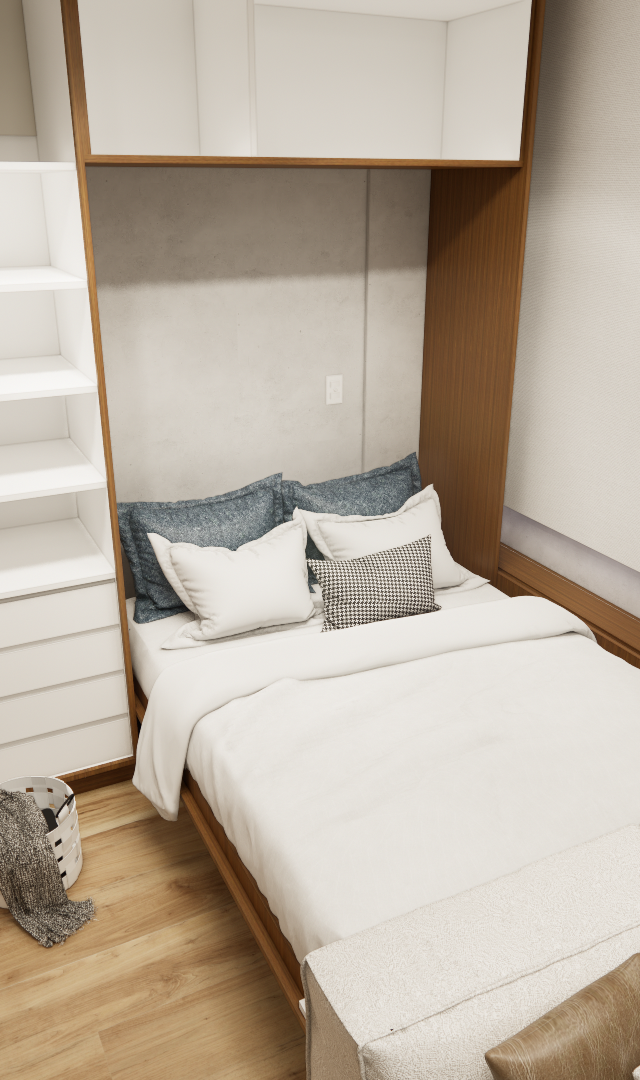 Render 3D de quarto pequeno com marcenaria branca e amadeirada, cama, armário, lavadora e piso de madeira clara