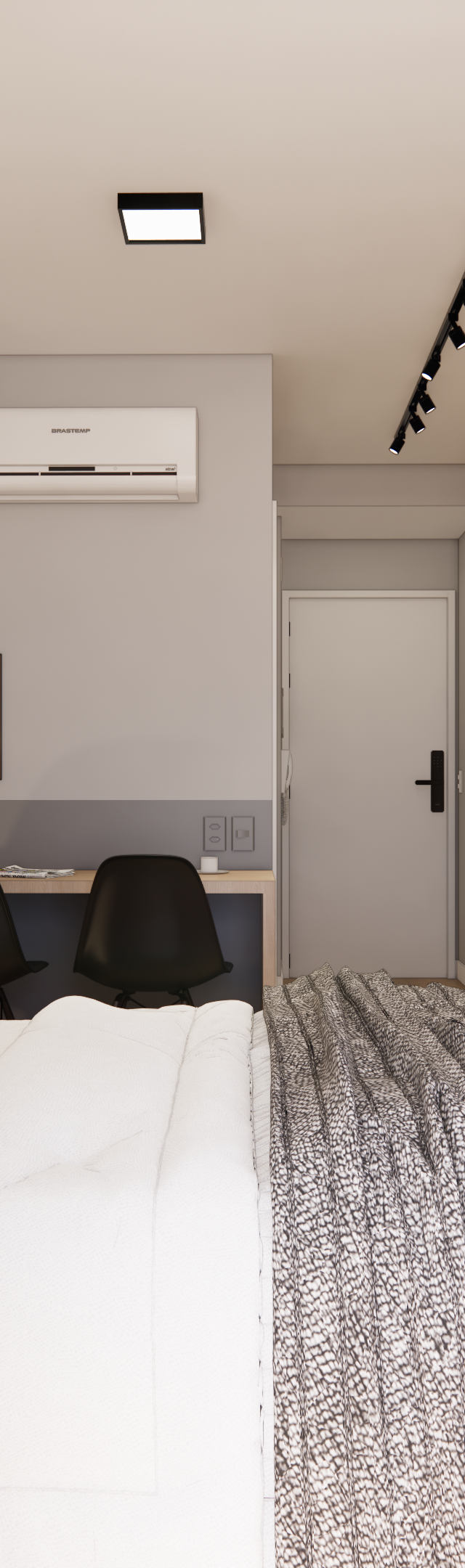 Render 3D de quarto compacto em Perdizes com marcenaria em tons de madeira clara e cinza, iluminação quente e industrial